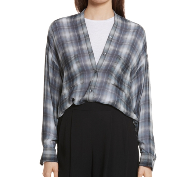 Vince Tops - Vince Twilight Shadow Plaid Silk  V-neck Long Sleeve Tunic Top Sz XL